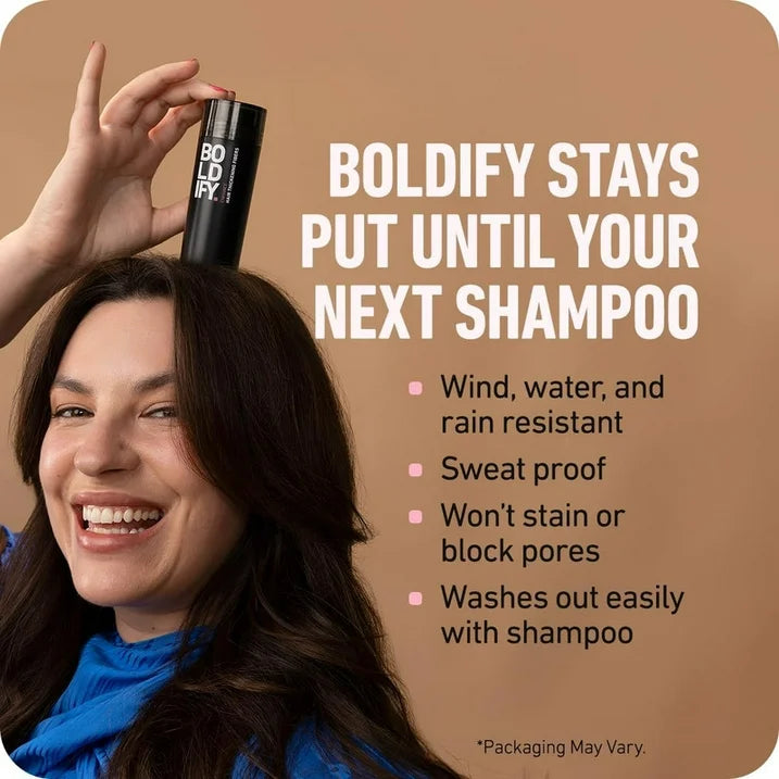 BOLDIFY Hair Thickening Fibers for instantly concealing thinning hair with a natural, plant-based formula and real hair finish.