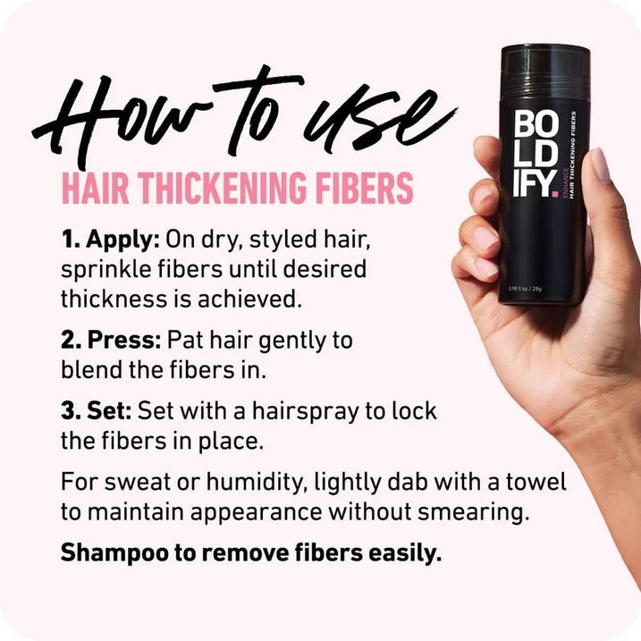 BOLDIFY Hair Thickening Fibers for instantly concealing thinning hair with a natural, plant-based formula and real-hair finish.