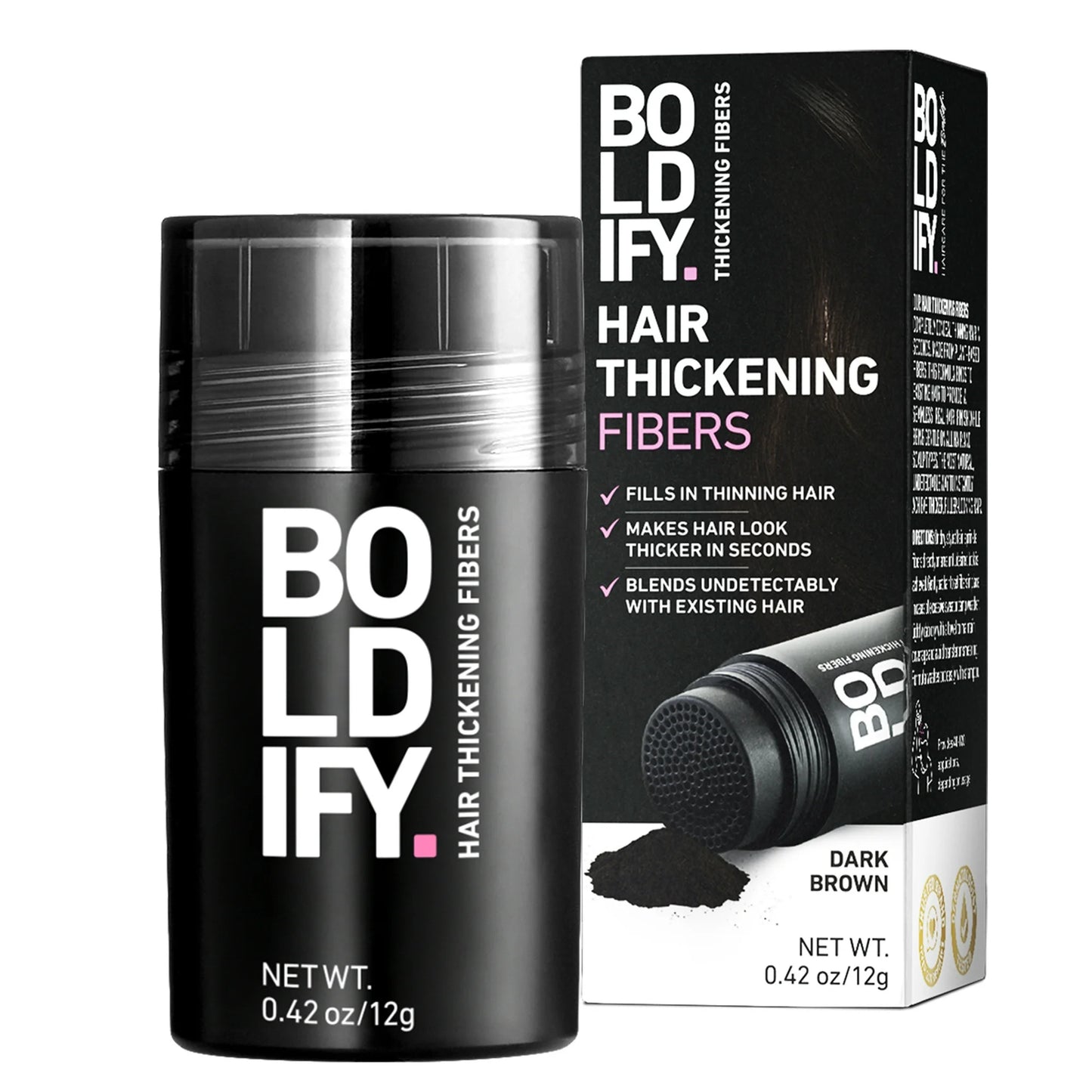 BOLDIFY Dark Brown Hair Thickening Fibers for natural volume conceals thinning hair instantly with a plant-based formula.