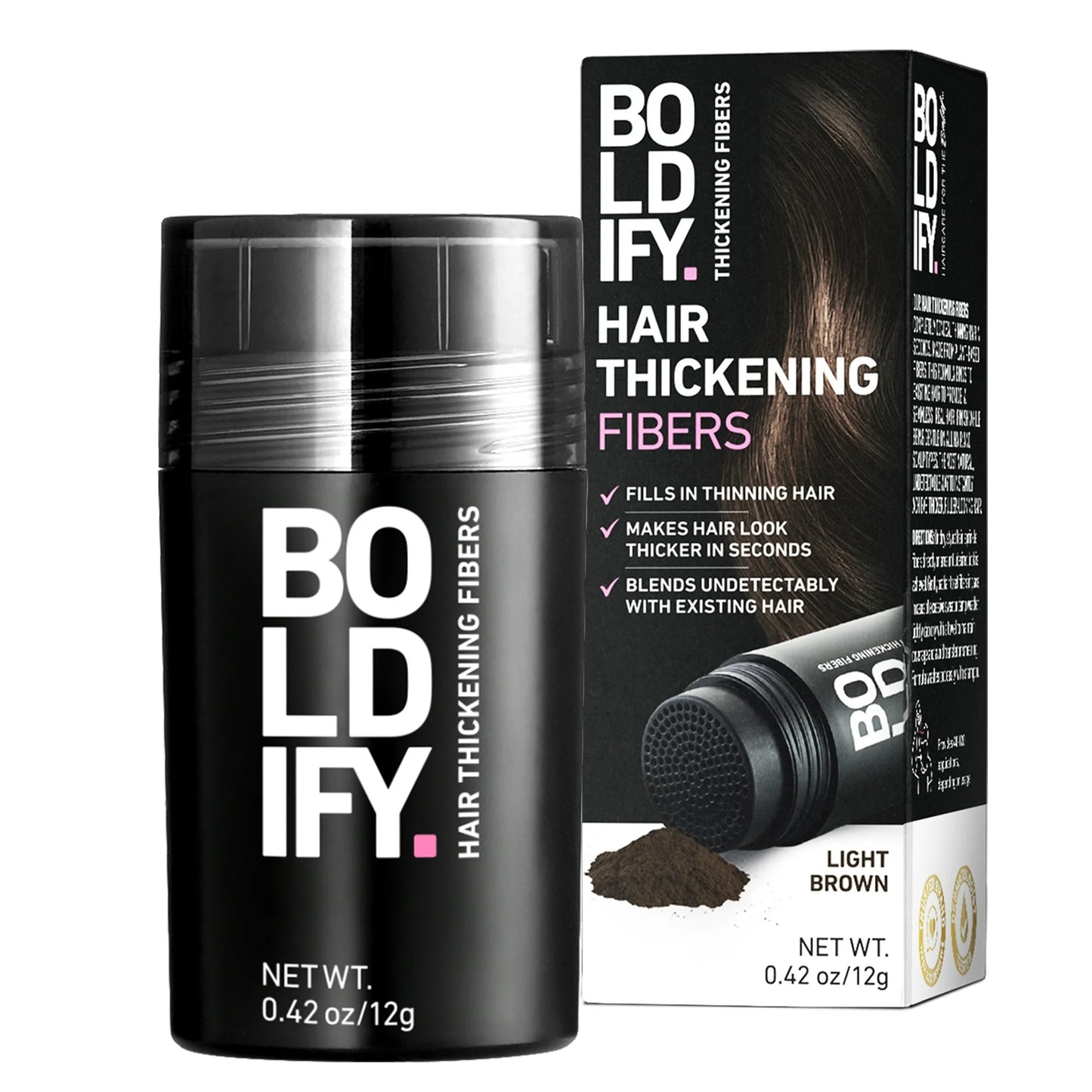 BOLDIFY Light Brown Hair Thickening Fibers for natural volume conceals thinning hair instantly with a plant-based formula.