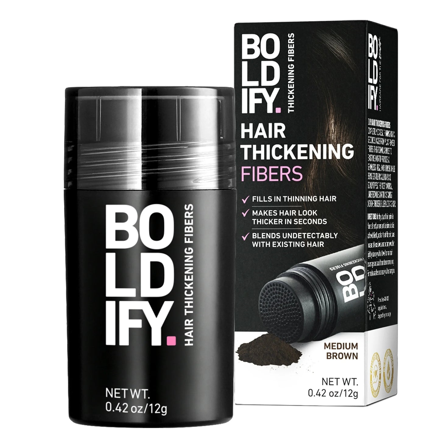 BOLDIFY Medium Brown Hair Thickening Fibers instantly conceal thinning hair with natural, plant-based volume and seamless finish.