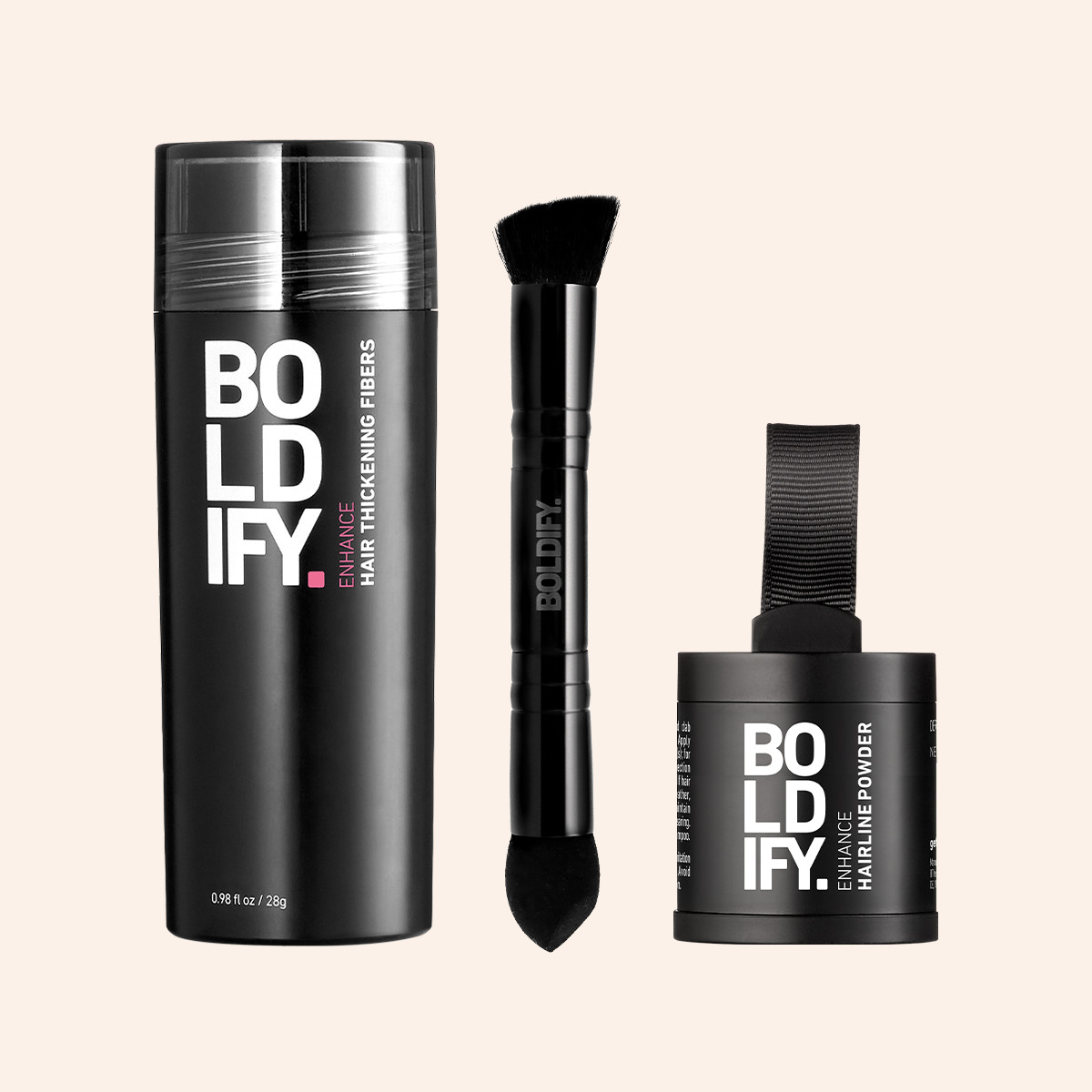 Hairline Powder brush with Dual ended brush, Hair thickening fiber, and a hairline powder.