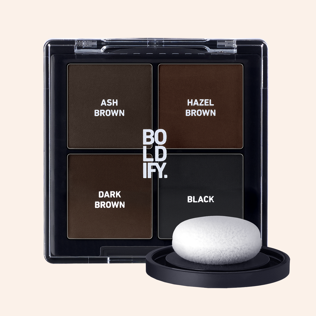 Makeup palette with brown shades and a white applicator