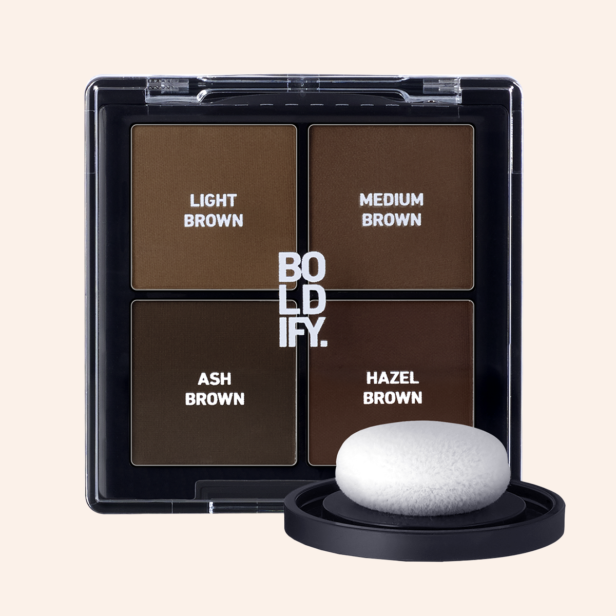 Makeup product with brown color swatches labeled Light Brown, Medium Brown, Ash Brown, and Hazel Brown