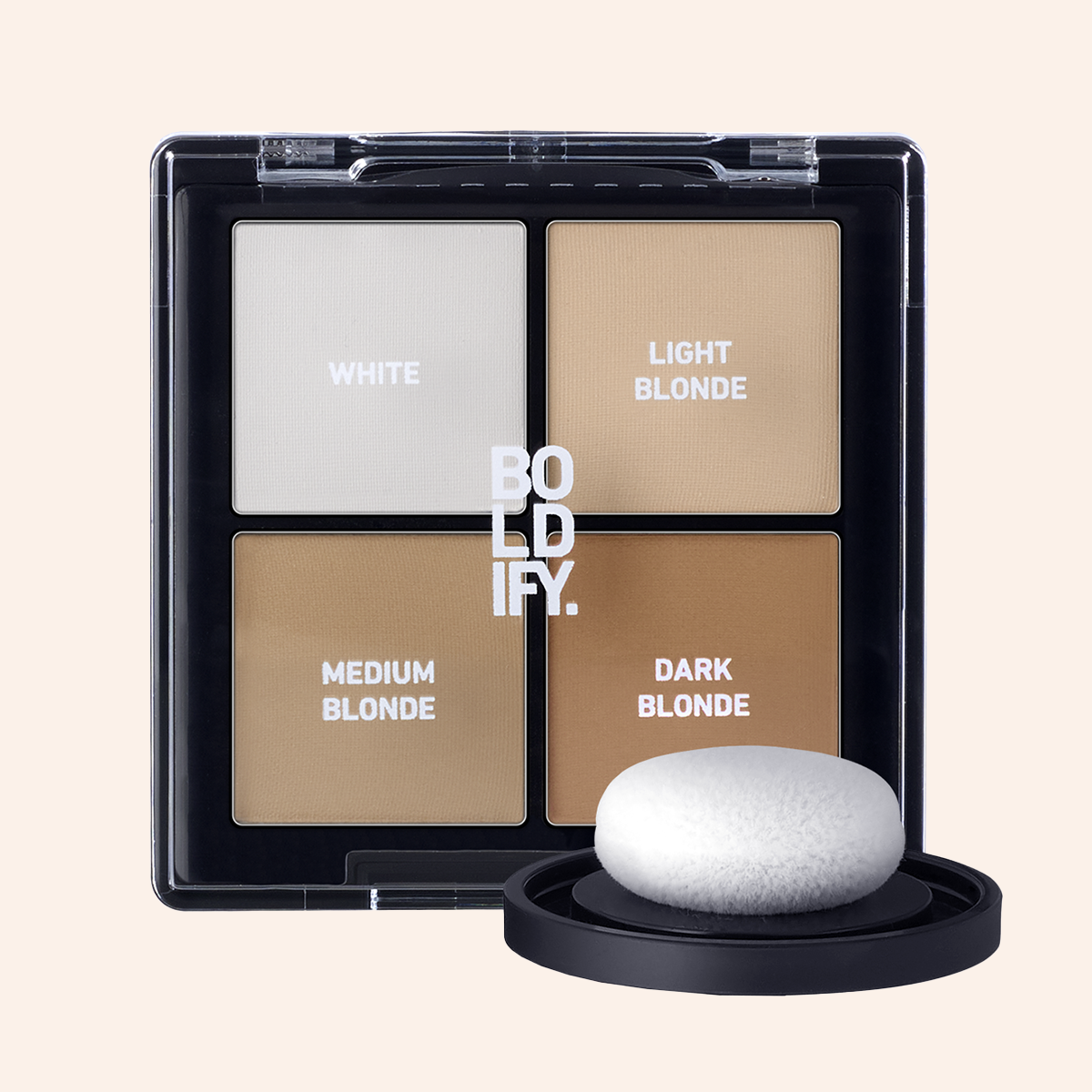 Makeup palette with color swatches labeled White, Light Blonde, Medium Blonde, and Dark Blonde