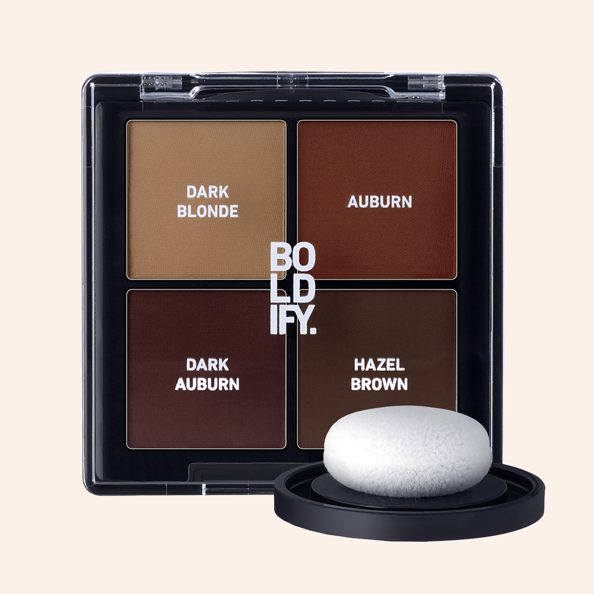 Makeup palette with color swatches labeled 'Dark Blonde', 'Auburn', 'Dark Auburn', and 'Hazel Brown'.