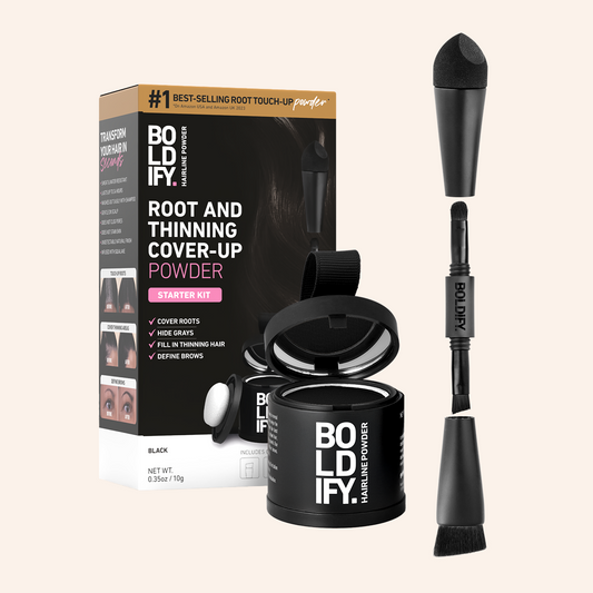 BOLDIFY Hairline Powder Starter Kit with dual-ended brush for natural coverage on hairline, roots, brows, and beards.