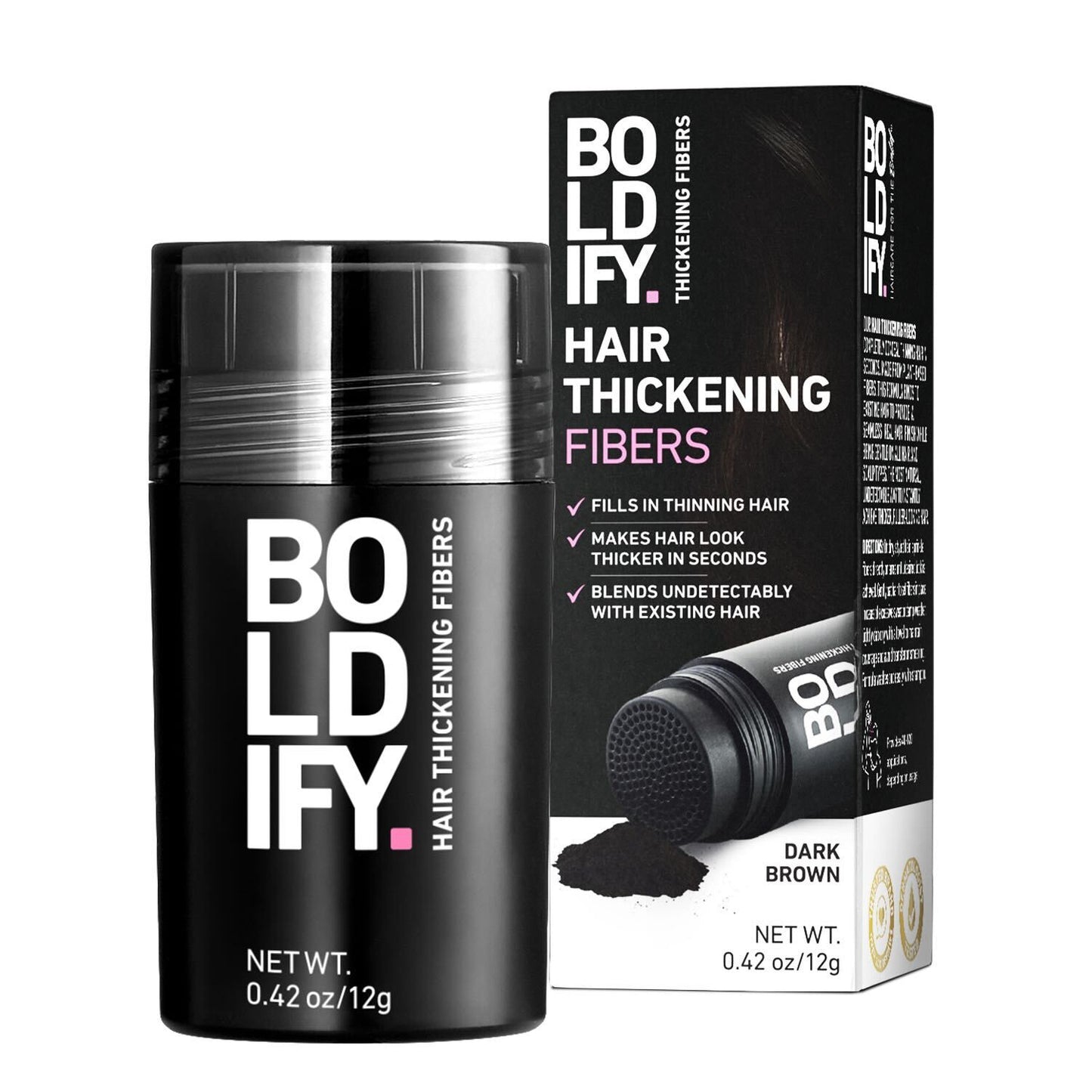 BOLDIFY Dark Brown Hair Thickening Fibers for natural volume conceals thinning hair instantly with a plant-based formula.