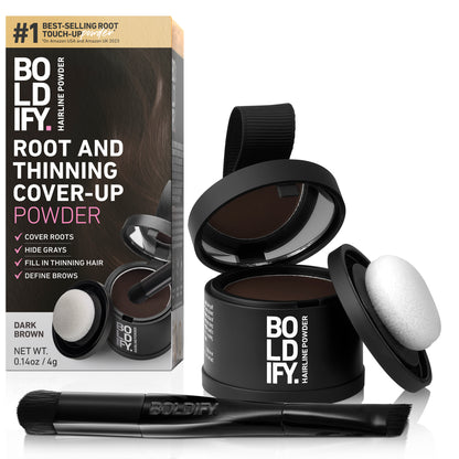 BOLDIFY Root Touch Up Powder with Brush, Covers Thinning Hair & Grays, Water-Resistant